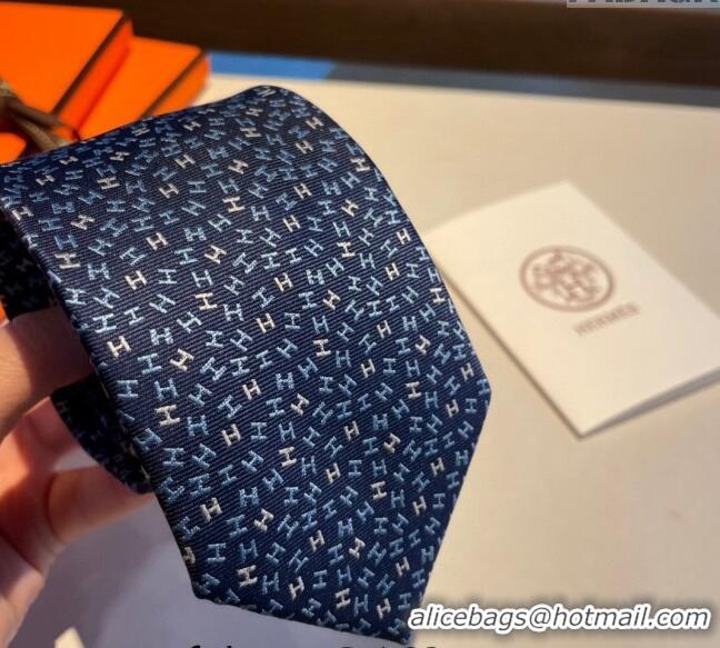 New Luxury Hermes Silk Tie in H Embroidery 1122 Navy Blue 2023