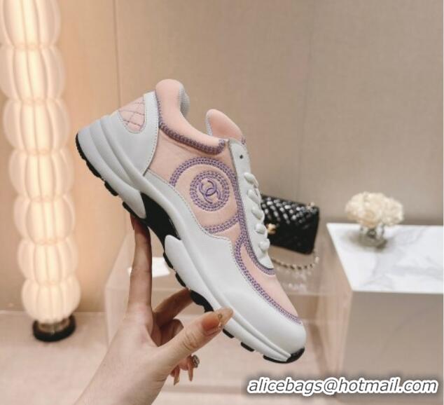 Lower Price Chanel Calfskin & Mesh Sneakers with Stitching Light Pink 701054