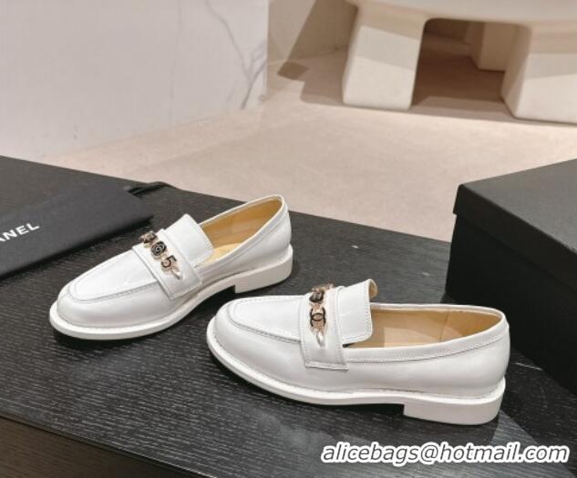 Unique Style Chanel Calfskin Loafers with Charm White 701057