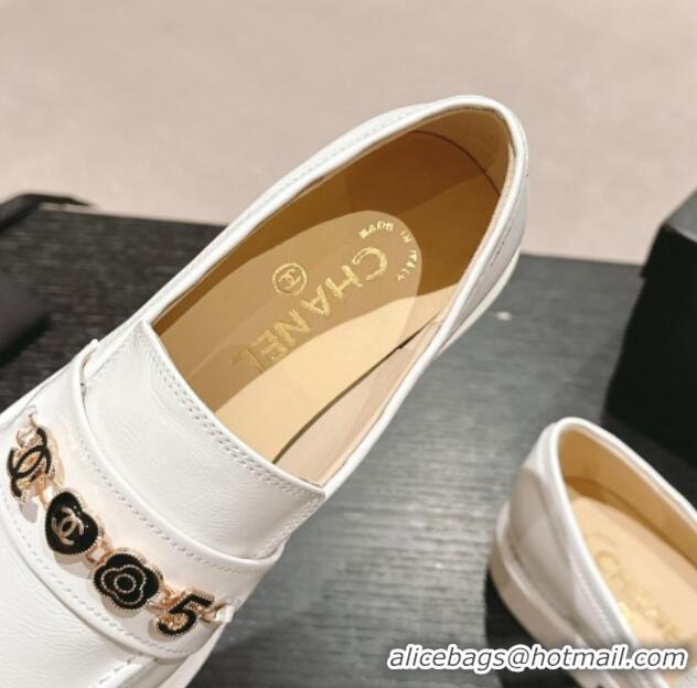 Unique Style Chanel Calfskin Loafers with Charm White 701057