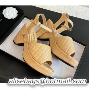 Popular Style Chanel Quilted Lambskin Platform Sandals 8cm Beige 701059