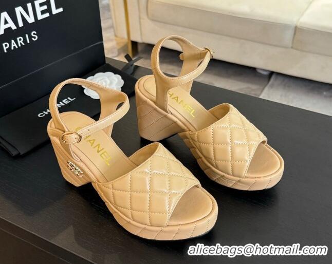 Popular Style Chanel Quilted Lambskin Platform Sandals 8cm Beige 701059