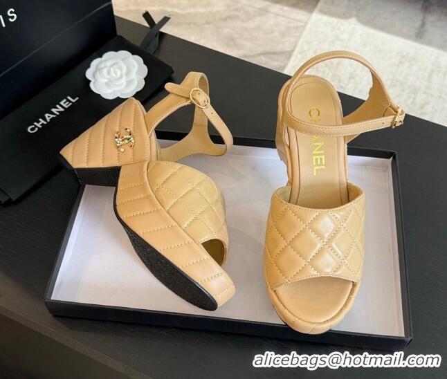 Popular Style Chanel Quilted Lambskin Platform Sandals 8cm Beige 701059