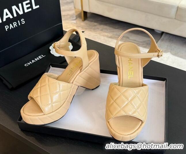 Popular Style Chanel Quilted Lambskin Platform Sandals 8cm Beige 701059