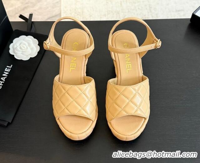 Popular Style Chanel Quilted Lambskin Platform Sandals 8cm Beige 701059