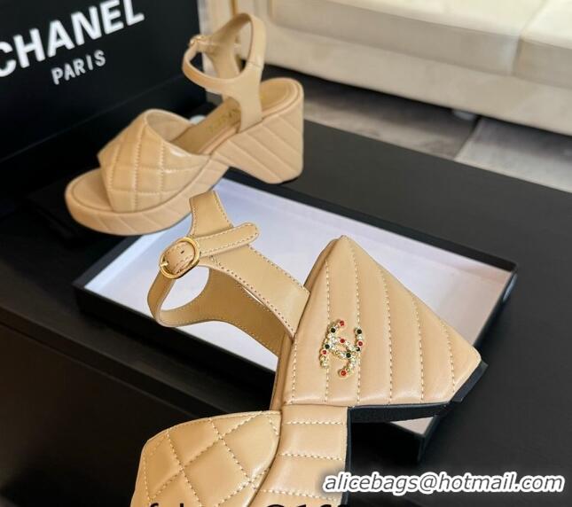 Popular Style Chanel Quilted Lambskin Platform Sandals 8cm Beige 701059