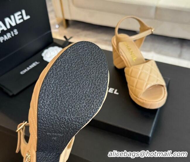 Popular Style Chanel Quilted Lambskin Platform Sandals 8cm Beige 701059