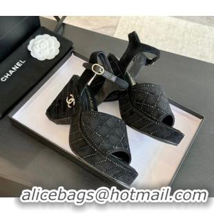 Good Looking Chanel Quilted Suede Platform Sandals 8cm with Strass Black 701060