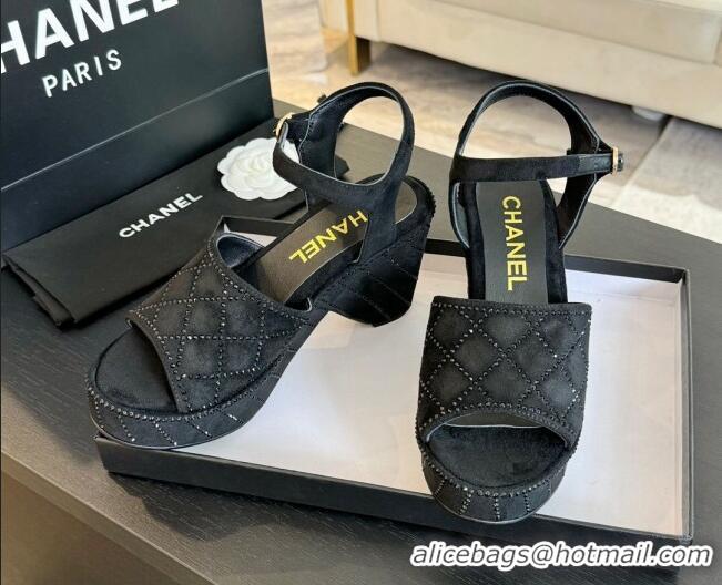 Good Looking Chanel Quilted Suede Platform Sandals 8cm with Strass Black 701060