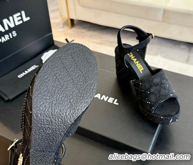 Good Looking Chanel Quilted Suede Platform Sandals 8cm with Strass Black 701060