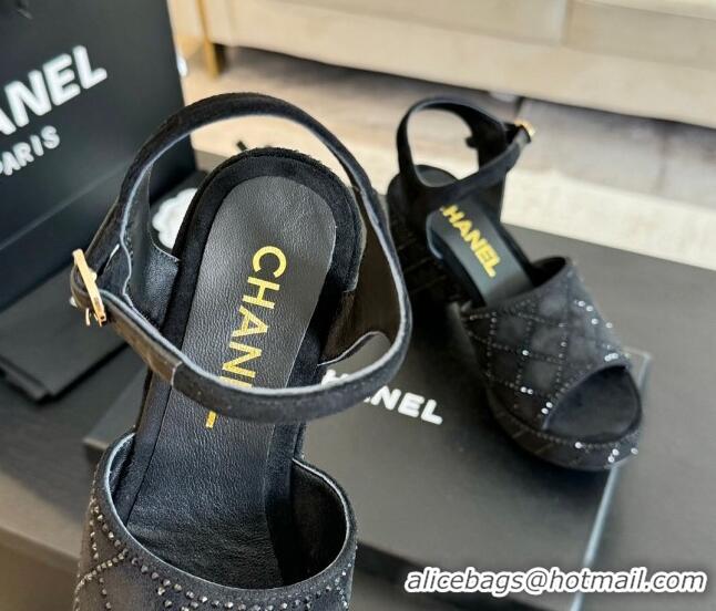 Good Looking Chanel Quilted Suede Platform Sandals 8cm with Strass Black 701060