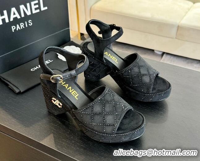 Good Looking Chanel Quilted Suede Platform Sandals 8cm with Strass Black 701060