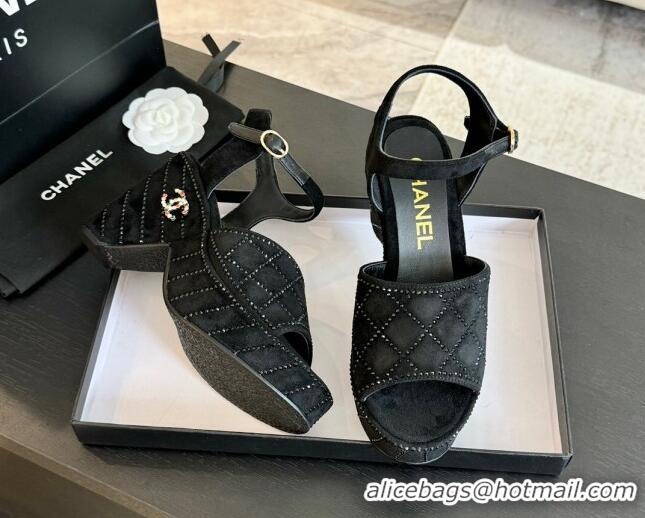 Good Looking Chanel Quilted Suede Platform Sandals 8cm with Strass Black 701060