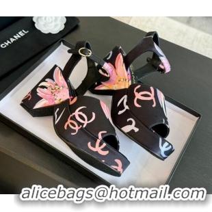 Shop Duplicate Chanel Printed Fabric Platform Sandals 8cm Black 701061