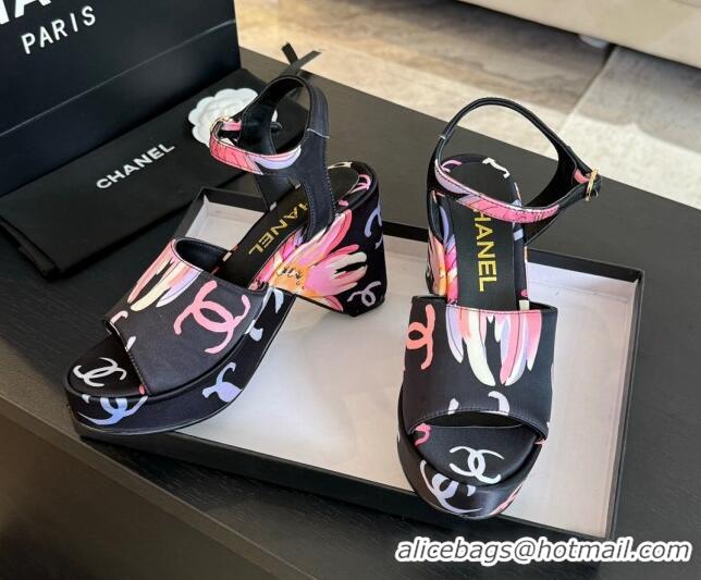 Shop Duplicate Chanel Printed Fabric Platform Sandals 8cm Black 701061