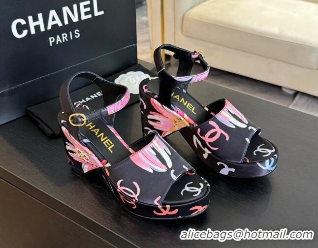 Shop Duplicate Chanel Printed Fabric Platform Sandals 8cm Black 701061