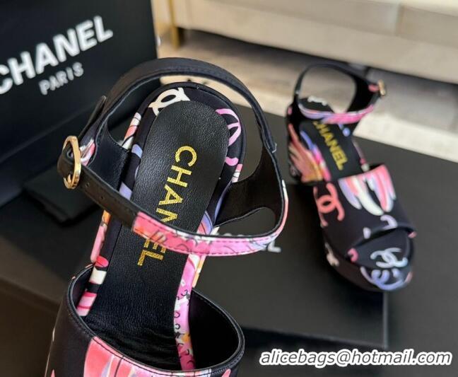 Shop Duplicate Chanel Printed Fabric Platform Sandals 8cm Black 701061