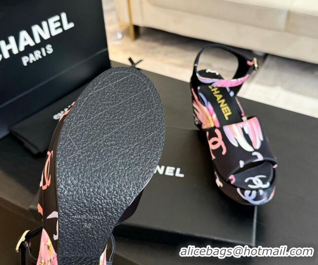 Shop Duplicate Chanel Printed Fabric Platform Sandals 8cm Black 701061