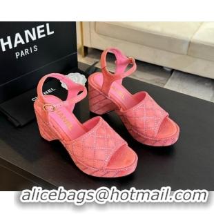 Discount Chanel Quilted Suede Platform Sandals 8cm with Strass Pink 701062