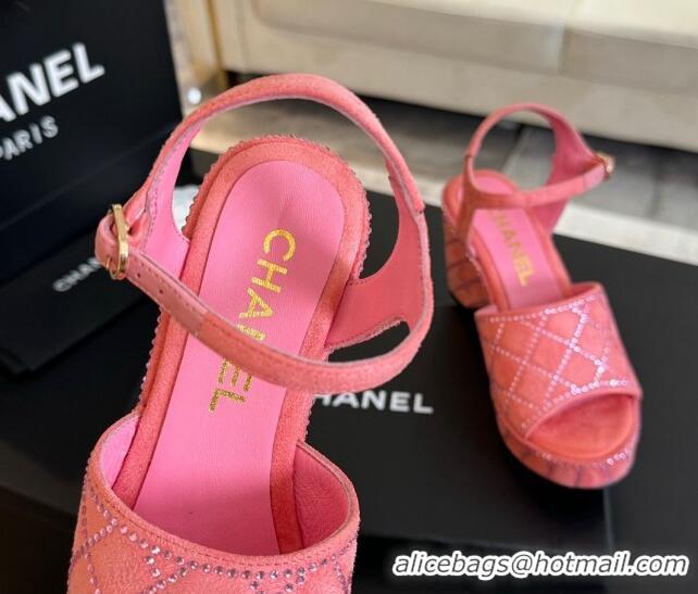 Discount Chanel Quilted Suede Platform Sandals 8cm with Strass Pink 701062