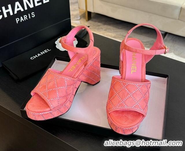 Discount Chanel Quilted Suede Platform Sandals 8cm with Strass Pink 701062