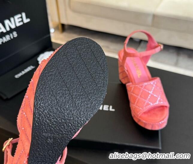 Discount Chanel Quilted Suede Platform Sandals 8cm with Strass Pink 701062