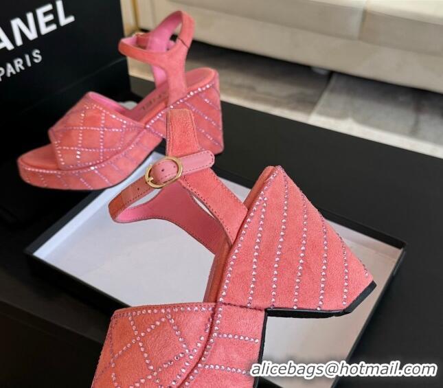 Discount Chanel Quilted Suede Platform Sandals 8cm with Strass Pink 701062