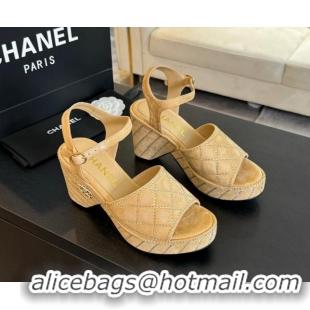 Best Product Chanel Quilted Suede Platform Sandals 8cm with Strass Beige 701063