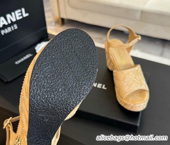 Best Product Chanel Quilted Suede Platform Sandals 8cm with Strass Beige 701063