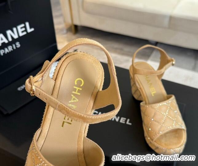 Best Product Chanel Quilted Suede Platform Sandals 8cm with Strass Beige 701063