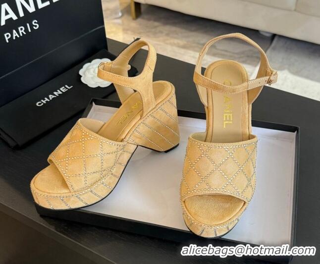 Best Product Chanel Quilted Suede Platform Sandals 8cm with Strass Beige 701063