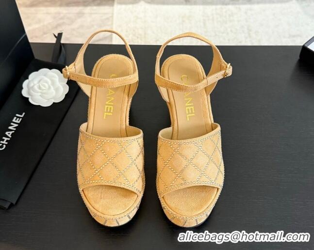 Best Product Chanel Quilted Suede Platform Sandals 8cm with Strass Beige 701063