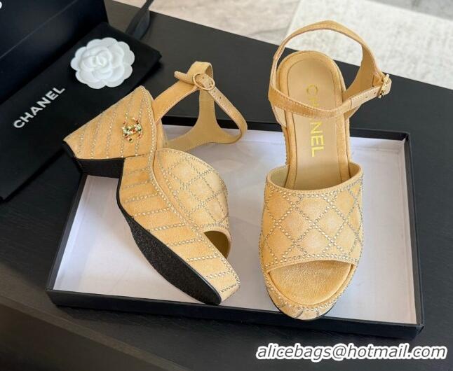 Best Product Chanel Quilted Suede Platform Sandals 8cm with Strass Beige 701063