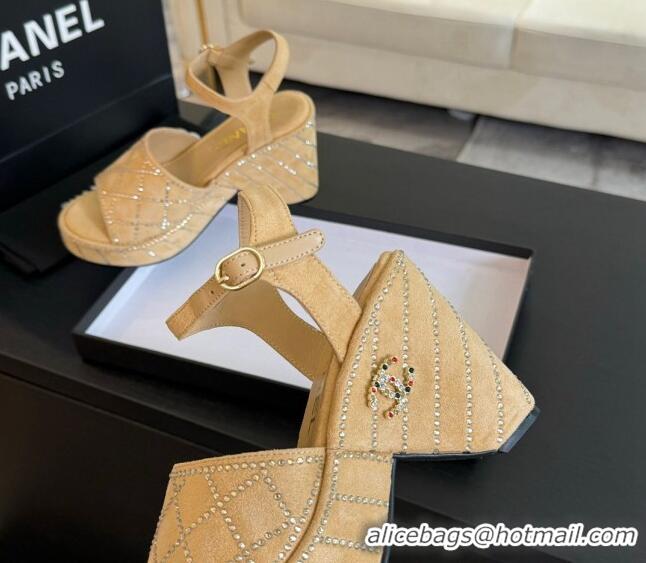 Best Product Chanel Quilted Suede Platform Sandals 8cm with Strass Beige 701063