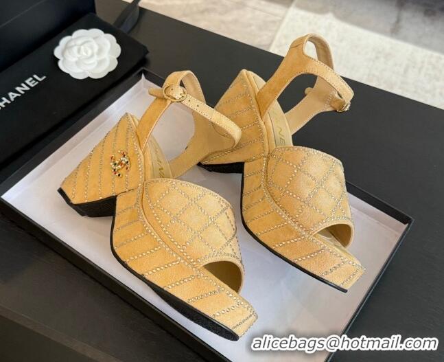 Best Product Chanel Quilted Suede Platform Sandals 8cm with Strass Beige 701063