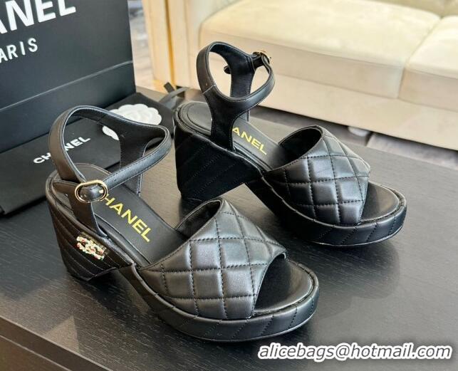 Top Grade Chanel Quilted Lambskin Platform Sandals 8cm Black 701064