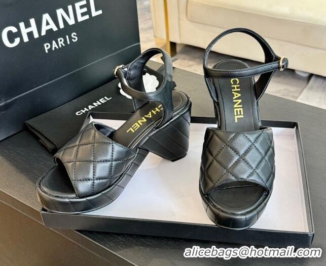 Top Grade Chanel Quilted Lambskin Platform Sandals 8cm Black 701064