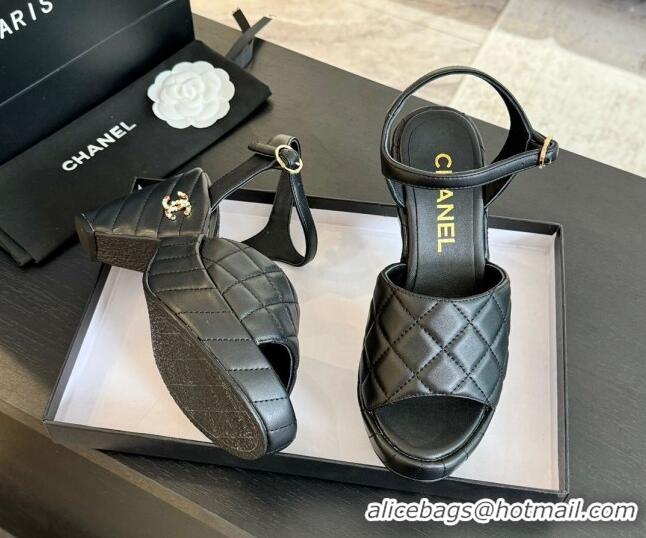 Top Grade Chanel Quilted Lambskin Platform Sandals 8cm Black 701064