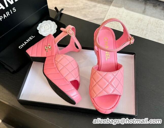 Best Grade Chanel Quilted Lambskin Platform Sandals 8cm Pink 701065