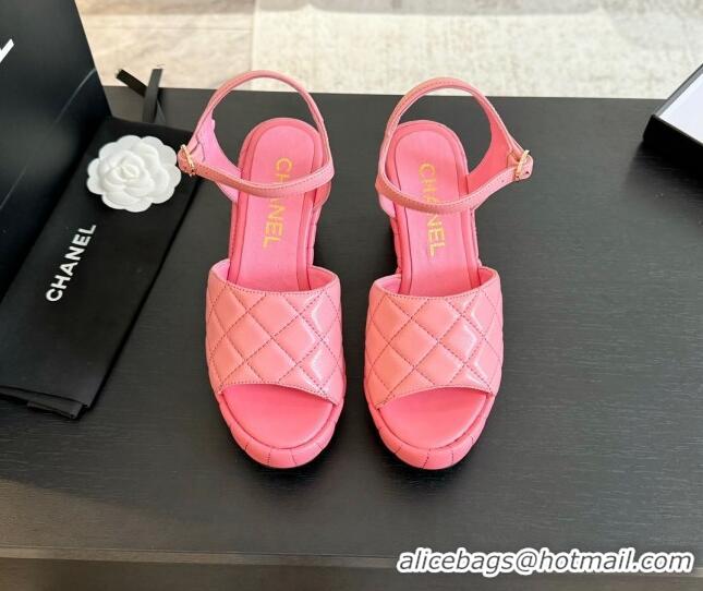 Best Grade Chanel Quilted Lambskin Platform Sandals 8cm Pink 701065