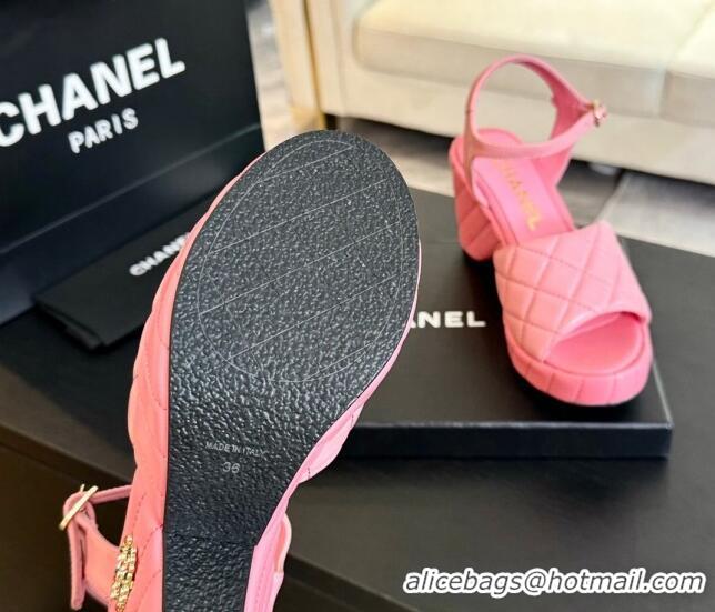 Best Grade Chanel Quilted Lambskin Platform Sandals 8cm Pink 701065