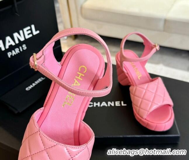 Best Grade Chanel Quilted Lambskin Platform Sandals 8cm Pink 701065