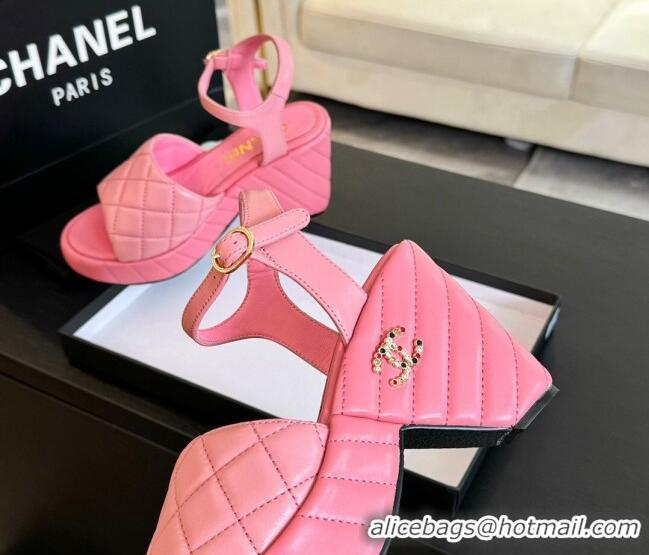 Best Grade Chanel Quilted Lambskin Platform Sandals 8cm Pink 701065