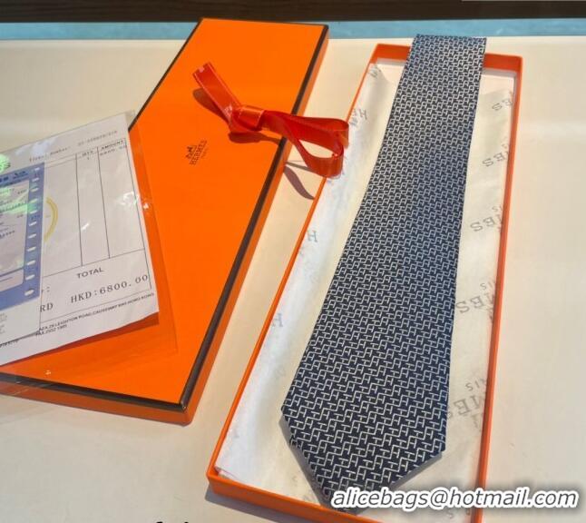 New Luxury Hermes H Silk Tie 040802 Dark Blue 2024