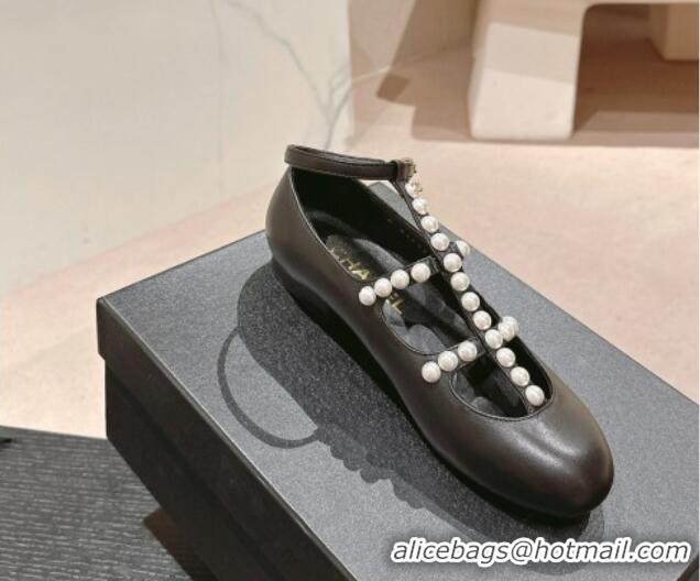 Durable Chanel Calfskin Mary Janes Ballet Flat with Pearls Strap Black 701067