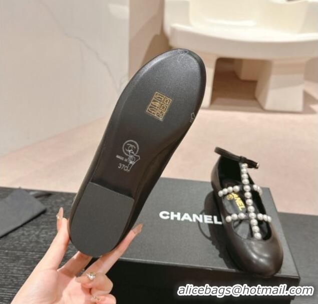 Durable Chanel Calfskin Mary Janes Ballet Flat with Pearls Strap Black 701067