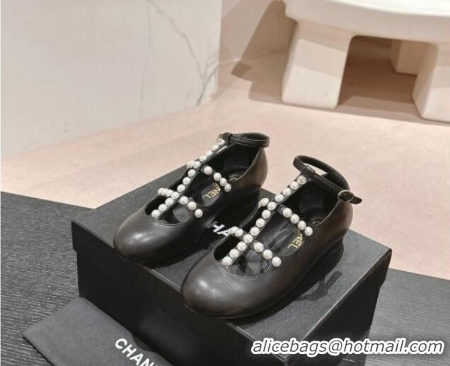 Durable Chanel Calfskin Mary Janes Ballet Flat with Pearls Strap Black 701067