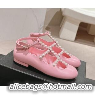 Luxury Cheap Chanel Calfskin Mary Janes Ballet Flat with Pearls Strap Pink 701068