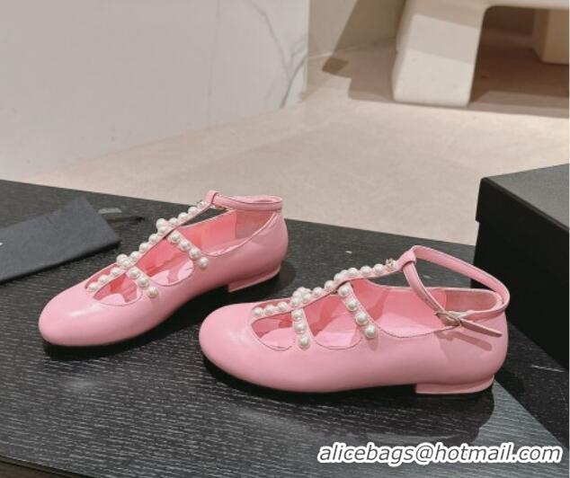 Luxury Cheap Chanel Calfskin Mary Janes Ballet Flat with Pearls Strap Pink 701068