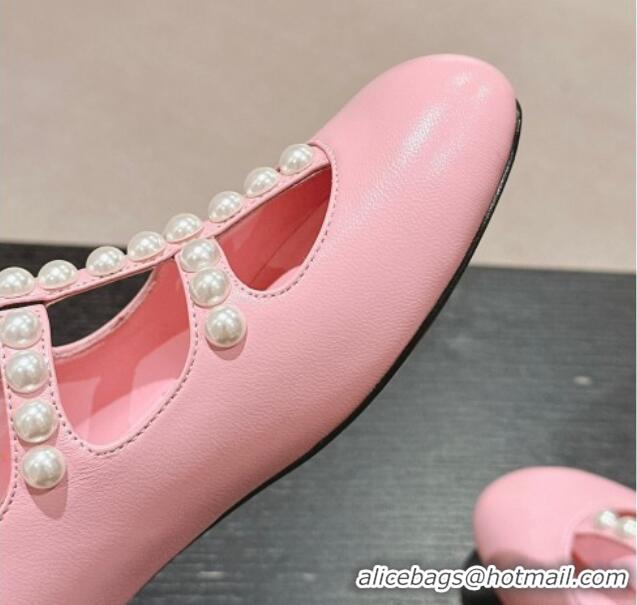 Luxury Cheap Chanel Calfskin Mary Janes Ballet Flat with Pearls Strap Pink 701068